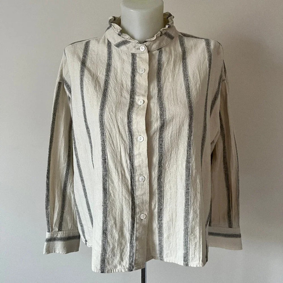 Mod Ref Striped Button Blouse Boxy  Relaxed Ruffle Collar Minimalist Cotton Sz M - Picture 1 of 14